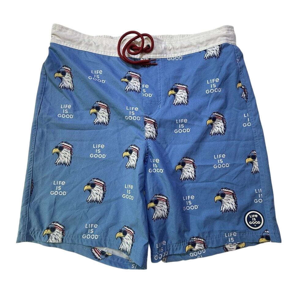 Life Is Good Eagle Print Swim Trunks Men’s M Blue Patriotic Board Shorts UPF